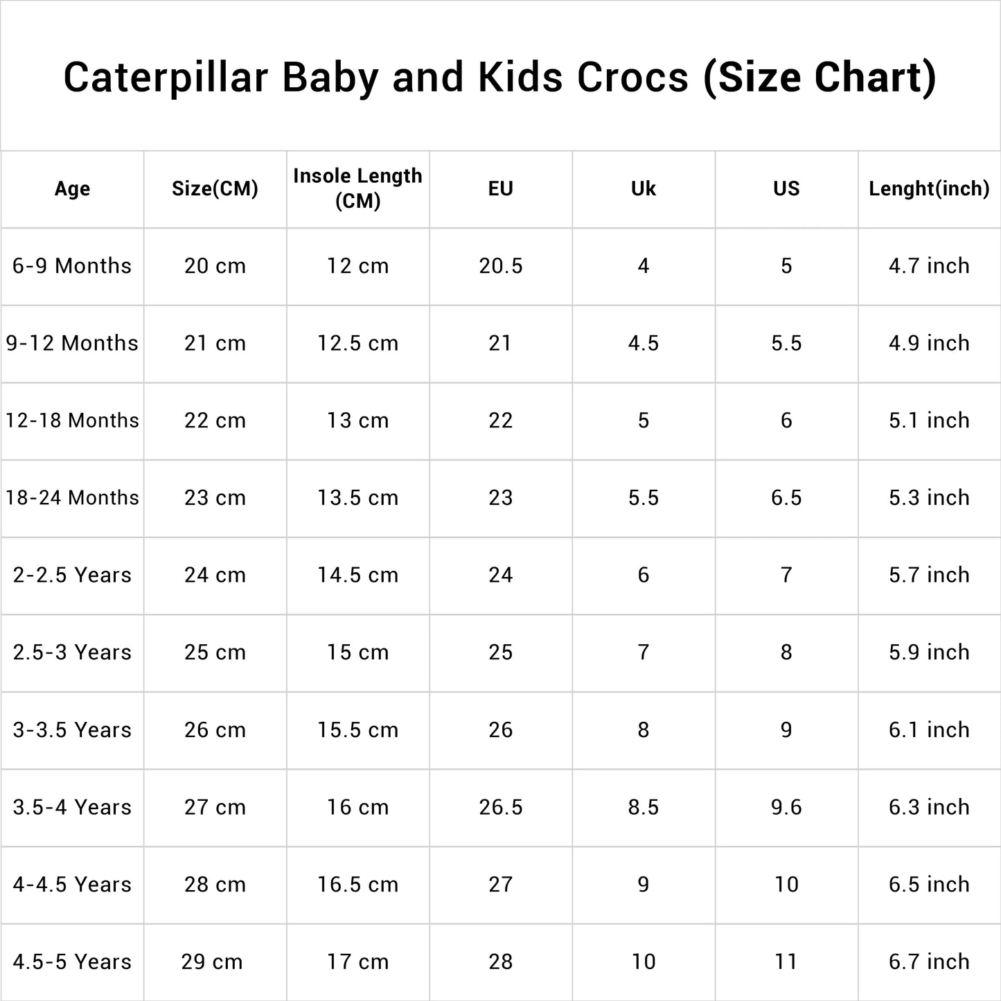 Chart Size Of Kids Crocs