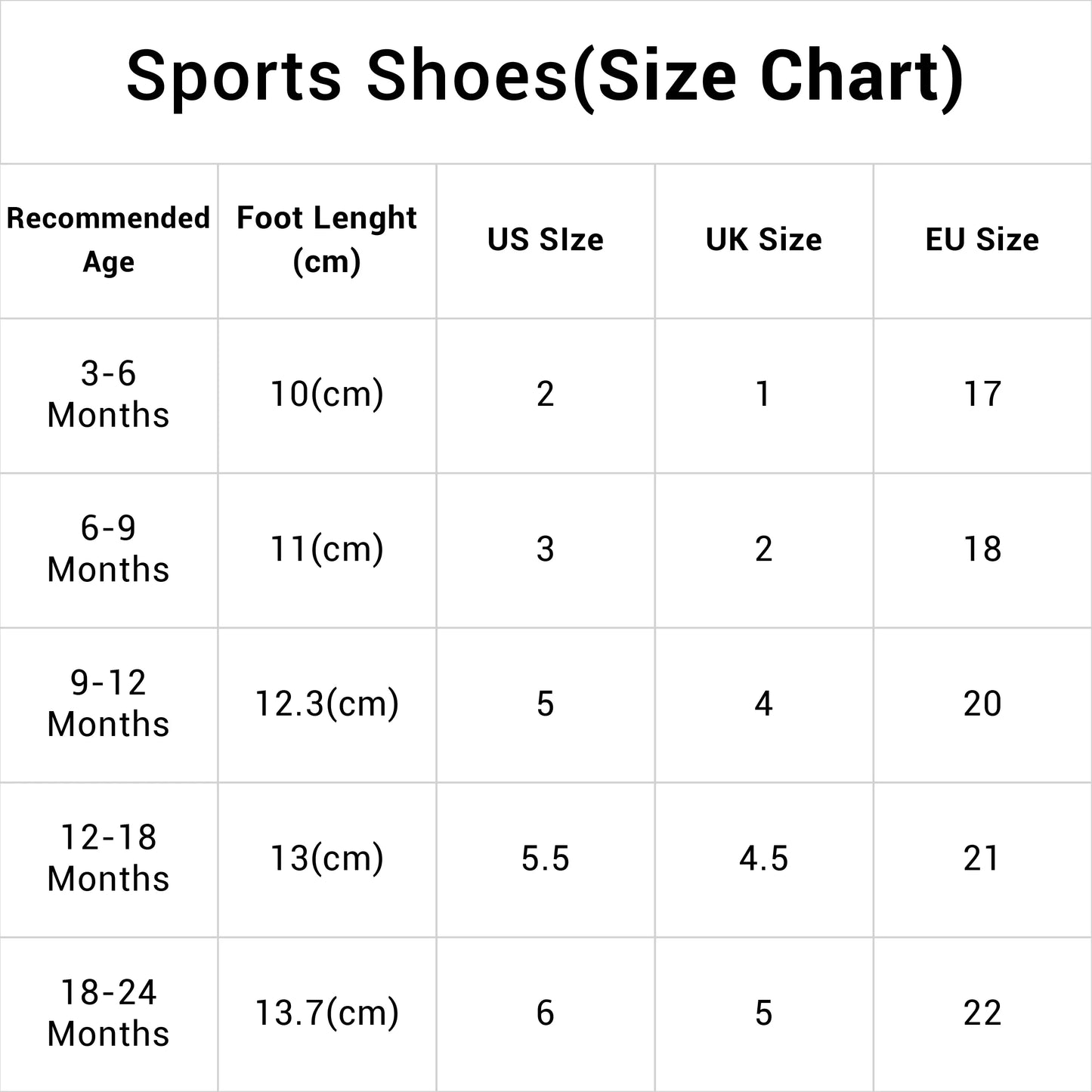 Size Chart Of Kids Sports Sneakers