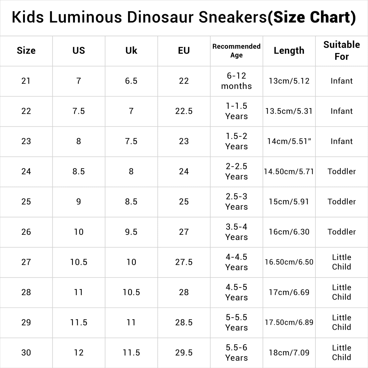 Size Chart Of Kids Sports Sneakers