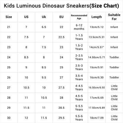 Size Chart Of Kids Sports Sneakers