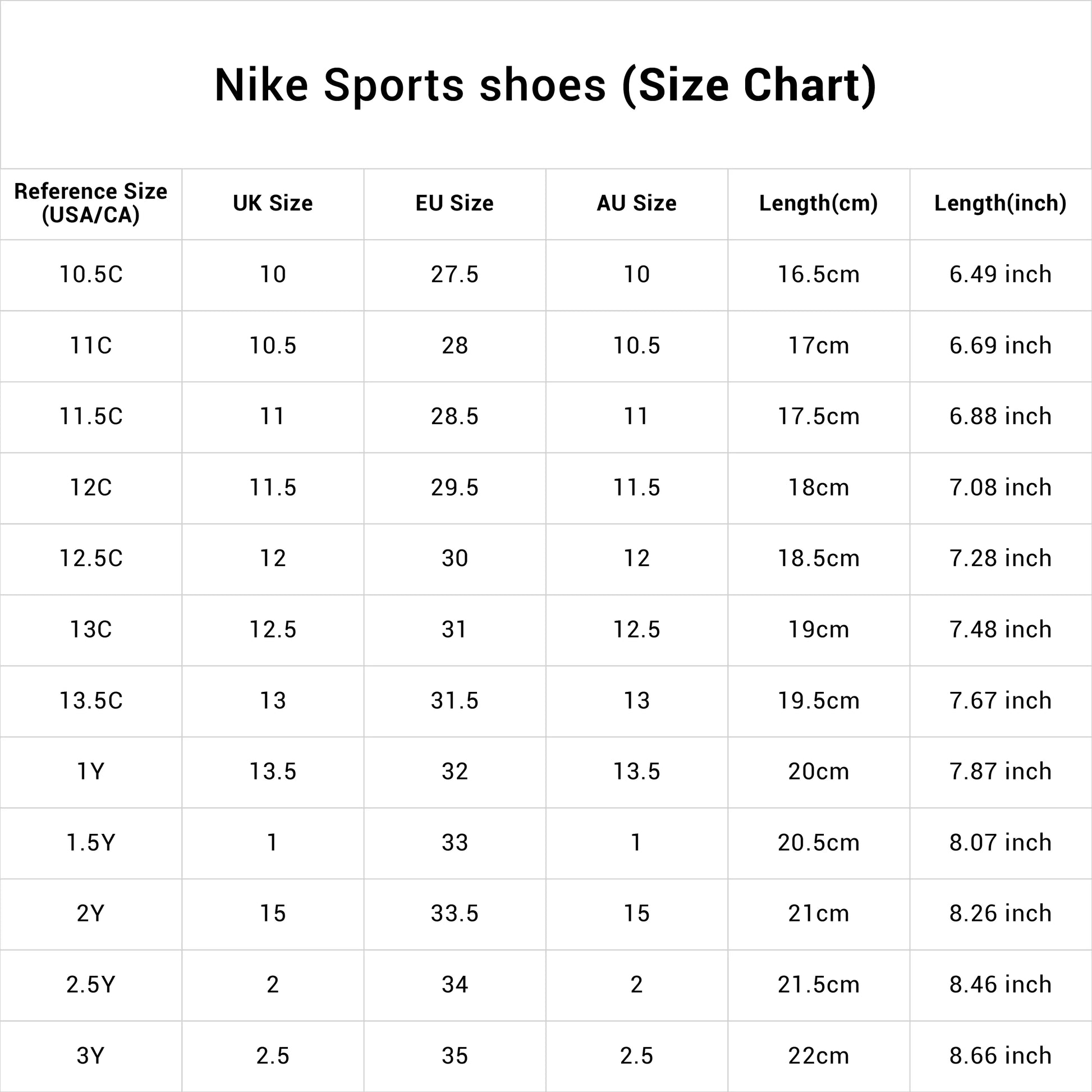 Size Chart Of Nike Black and White Kids Shoes