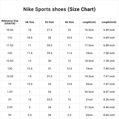 Size Chart Of Nike Black and White Kids Shoes