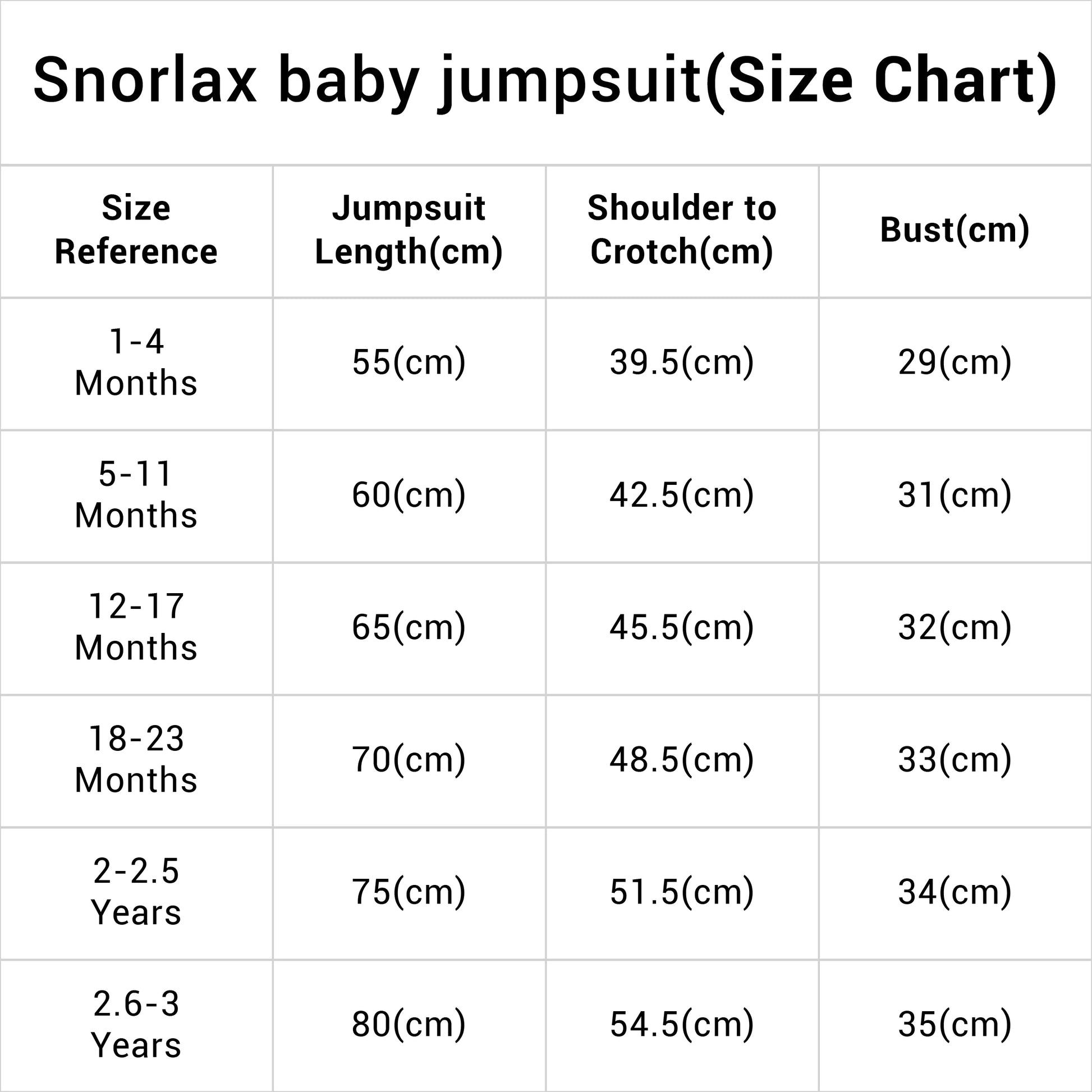 Size chart of Snorlax Baby Jumpsuit
